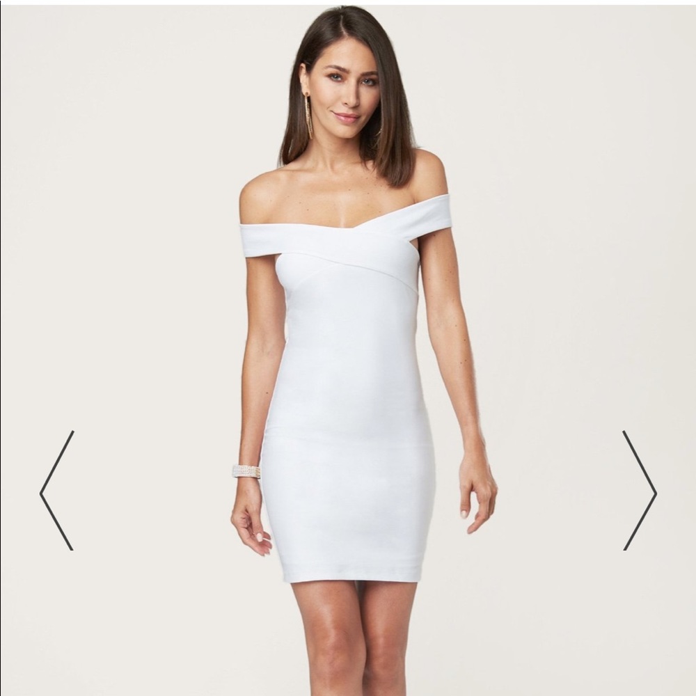 Bebe white cotton off the shoulder mini